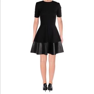 AQUA Black Fit & Flare Short Sleeve  Faux Leather Trim Little Black Mini Dress